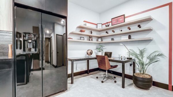 Griffis Platinum Triangle desk area with built in shelves.