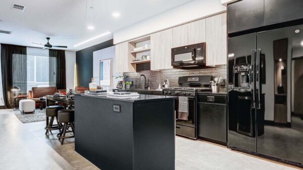 Griffis Platinum Triangle apartment kitchen with quartz countertops and black appliances.