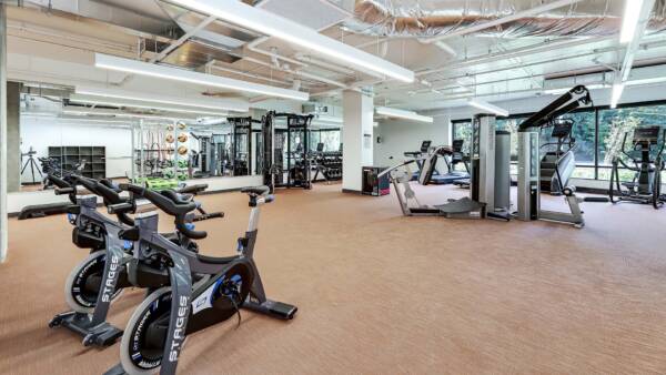 Griffis Shoreline fitness center with cardio machines and weight equipment.