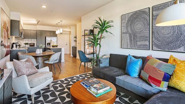 Griffis Shoreline apartment living room with wood style floor.