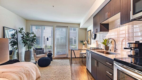Griffis Shoreline apartment kitchen with quartz countertops.