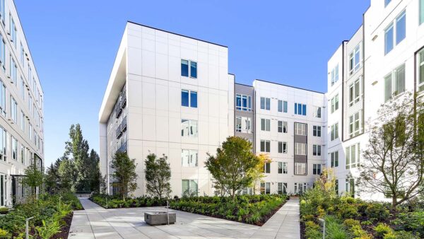 Griffis Shoreline courtyard with lush landscaping.