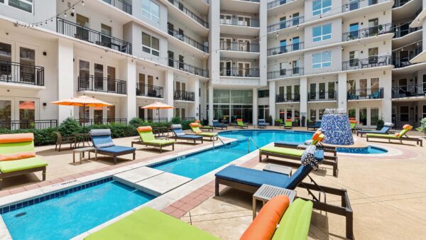 Griffis Uptown pool area with lounge chairs.