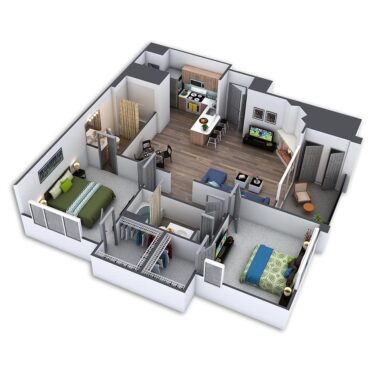 Rendering of the Zephyr floor plan with 2 bedroom[s] and 2 bathroom[s] at Griffis Belleview Station
