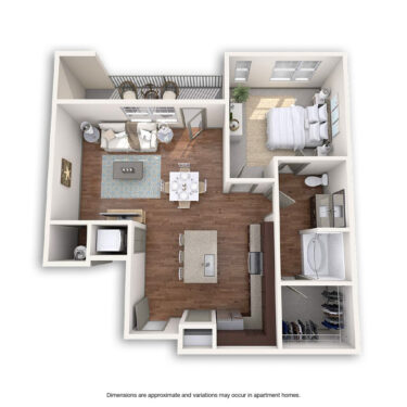 Rendering of the Marquis floor plan with 1 bedroom[s] and 1 bathroom[s] at Griffis at Fiddler's Green