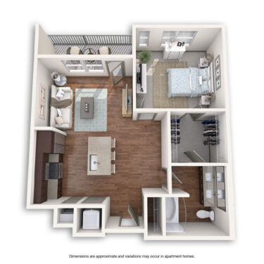 Rendering of the Fox floor plan with 1 bedroom[s] and 1 bathroom[s] at Griffis at Fiddler's Green