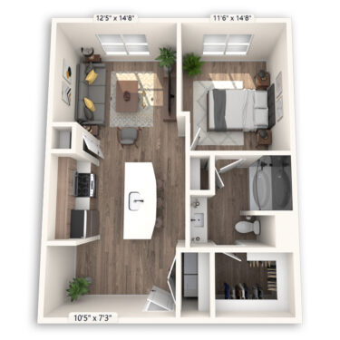 Rendering of the Paris floor plan with 1 bedroom[s] and 1 bathroom[s] at Griffis at The Domain