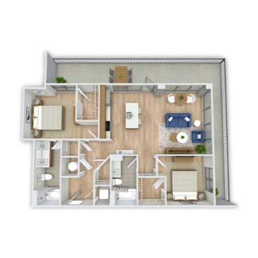 Rendering of the Rosalie Platinum floor plan with 2 bedroom[s] and 2 bathroom[s] at Griffis Platform Union Station