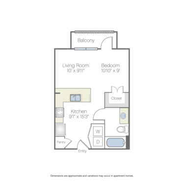 Rendering of the Arroyo floor plan with a Studio bedroom and 1 bathroom[s] at Griffis Oak Lawn
