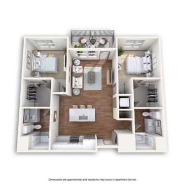 Rendering of the Red Rocks floor plan with 2 bedroom[s] and 2 bathroom[s] at Griffis at Fiddler's Green