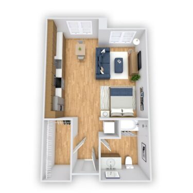 Rendering of the Agnew Affordable floor plan with a Studio bedroom and 1 bathroom[s] at Griffis South Bay