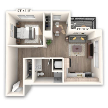 Rendering of the Capitol Platinum floor plan with 1 bedroom[s] and 1 bathroom[s] at Griffis LoDo