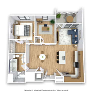 Rendering of the Mission Platinum floor plan with 1 bedroom[s] and 1 bathroom[s] at Griffis at Fiddler's Green