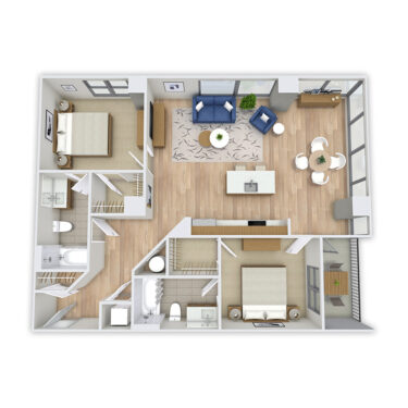 Rendering of the Logan floor plan with 2 bedroom[s] and 2 bathroom[s] at Griffis Platform Union Station