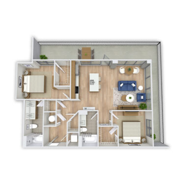 Rendering of the Rosalie floor plan with 2 bedroom[s] and 2 bathroom[s] at Griffis Platform Union Station