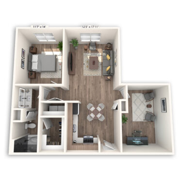 Rendering of the Hong Kong floor plan with 1 bedroom[s] and 1 bathroom[s] at Griffis at The Domain