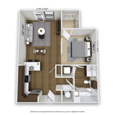 Rendering of the Clermont floor plan with a Studio bedroom and 1 bathroom[s] at Griffis Cherry Creek North
