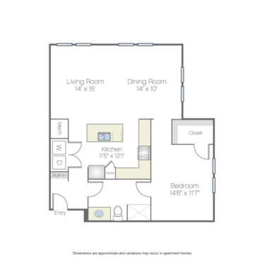 Rendering of the Routh floor plan with 1 bedroom[s] and 1 bathroom[s] at Griffis Oak Lawn
