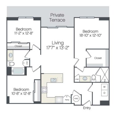 Rendering of the Stuart floor plan with 3 bedroom[s] and 2 bathroom[s] at Griffis West Palm