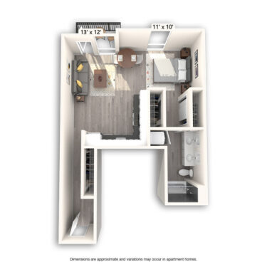 Rendering of the Constitution floor plan with a Studio bedroom and 1 bathroom[s] at Griffis East Village