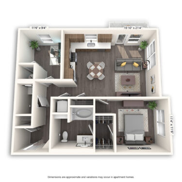 Rendering of the Eudora Platinum floor plan with 1 bedroom[s] and 1 bathroom[s] at Griffis Cherry Creek North