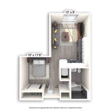 Rendering of the Chesapeake floor plan with a Studio bedroom and 1 bathroom[s] at Griffis East Village