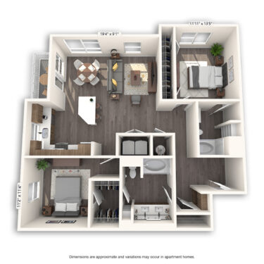 Rendering of the Steele Platinum floor plan with 2 bedroom[s] and 2 bathroom[s] at Griffis Cherry Creek North