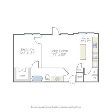 Rendering of the Roswell floor plan with 1 bedroom[s] and 1 bathroom[s] at Griffis Oak Lawn