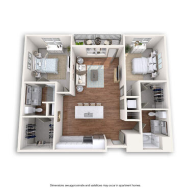 Rendering of the Summit floor plan with 2 bedroom[s] and 2 bathroom[s] at Griffis at Fiddler's Green