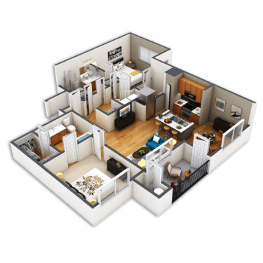 Rendering of the Hi Line Custom floor plan with 2 bedroom[s] and 2 bathroom[s] at Griffis Fitzsimons South