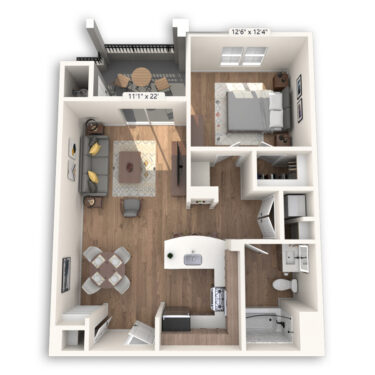 Rendering of the Mission floor plan with 1 bedroom[s] and 1 bathroom[s] at Griffis Mission Valley