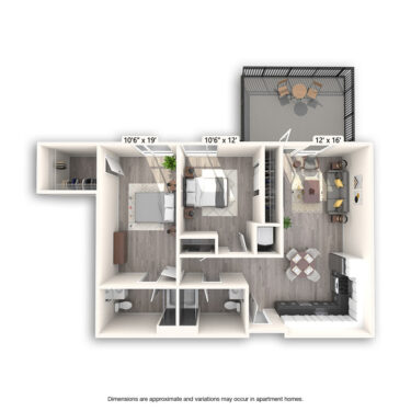 Rendering of the Thresher floor plan with 2 bedroom[s] and 2 bathroom[s] at Griffis East Village