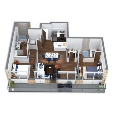Rendering of the Nestucca Platinum Penthouse floor plan with 2 bedroom[s] and 2 bathroom[s] at Griffis South Waterfront