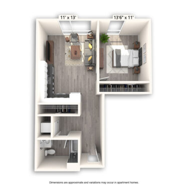 Rendering of the O Bannon Platinum floor plan with 1 bedroom[s] and 1 bathroom[s] at Griffis East Village