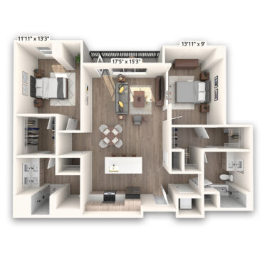 Rendering of the Sherman Platinum floor plan with 2 bedroom[s] and 2 bathroom[s] at Griffis LoDo