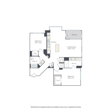 Rendering of the Norfolk floor plan with 2 bedroom[s] and 2 bathroom[s] at Griffis Edgemoor