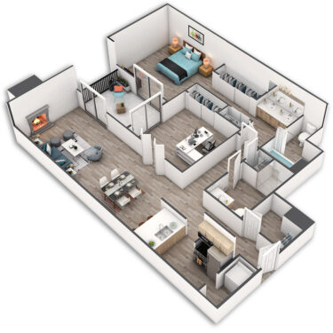 Rendering of the Pacific floor plan with 2 bedroom[s] and 2 bathroom[s] at Griffis Belltown