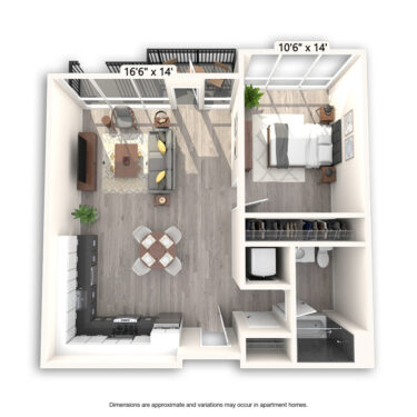 Rendering of the Forrestal Platinum floor plan with 1 bedroom[s] and 1 bathroom[s] at Griffis East Village