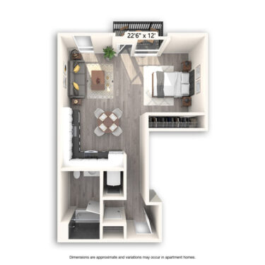 Rendering of the Iowa floor plan with a Studio bedroom and 1 bathroom[s] at Griffis East Village