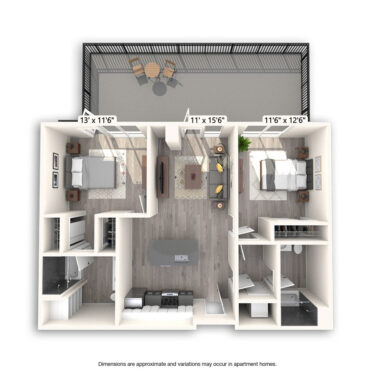 Rendering of the San Francisco floor plan with 2 bedroom[s] and 2 bathroom[s] at Griffis East Village