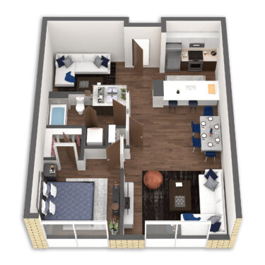 Rendering of the Pudding Platinum floor plan with 1 bedroom[s] and 1 bathroom[s] at Griffis South Waterfront