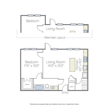 Rendering of the Rosewood floor plan with 1 bedroom[s] and 1 bathroom[s] at Griffis Oak Lawn