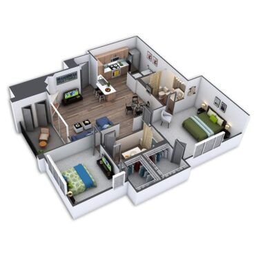 Rendering of the Renfe Custom floor plan with 2 bedroom[s] and 2 bathroom[s] at Griffis Belleview Station