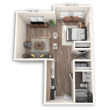 Rendering of the London floor plan with a Studio bedroom and 1 bathroom[s] at Griffis at The Domain