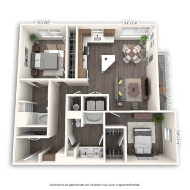 Rendering of the Ogden Platinum floor plan with 2 bedroom[s] and 2 bathroom[s] at Griffis Cherry Creek North