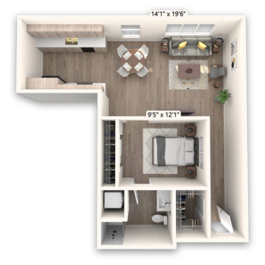 Rendering of the Harvard floor plan with 1 bedroom[s] and 1 bathroom[s] at Griffis LoDo