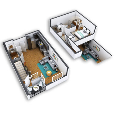 Rendering of the Jefferson Park Platinum floor plan with 1 bedroom[s] and 1.5 bathroom[s] at Griffis North Union