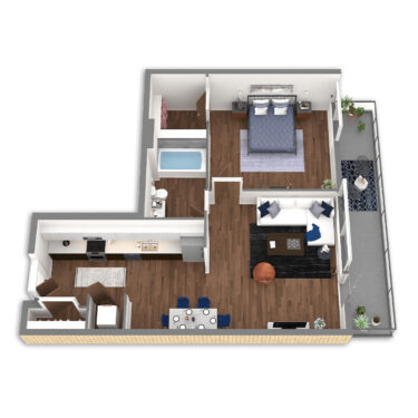 Rendering of the Clackamas floor plan with 1 bedroom[s] and 1 bathroom[s] at Griffis South Waterfront