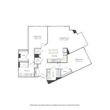 Rendering of the Moorland floor plan with 2 bedroom[s] and 2 bathroom[s] at Griffis Edgemoor