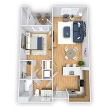 Rendering of the Cardoza floor plan with 1 bedroom[s] and 1 bathroom[s] at Griffis South Bay